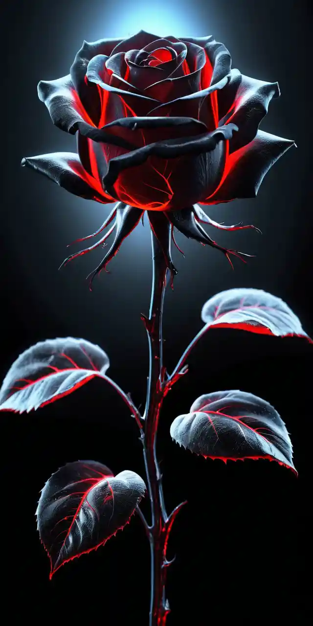 超現実的な赤い光を放つ黒いガラスの薔薇