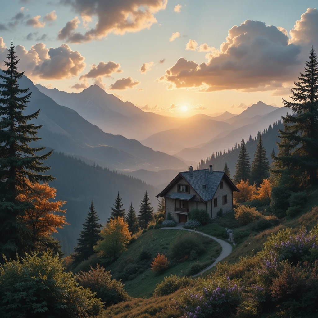 Casa na montanha ao nascer do sol com árvores e nuvens suaves
