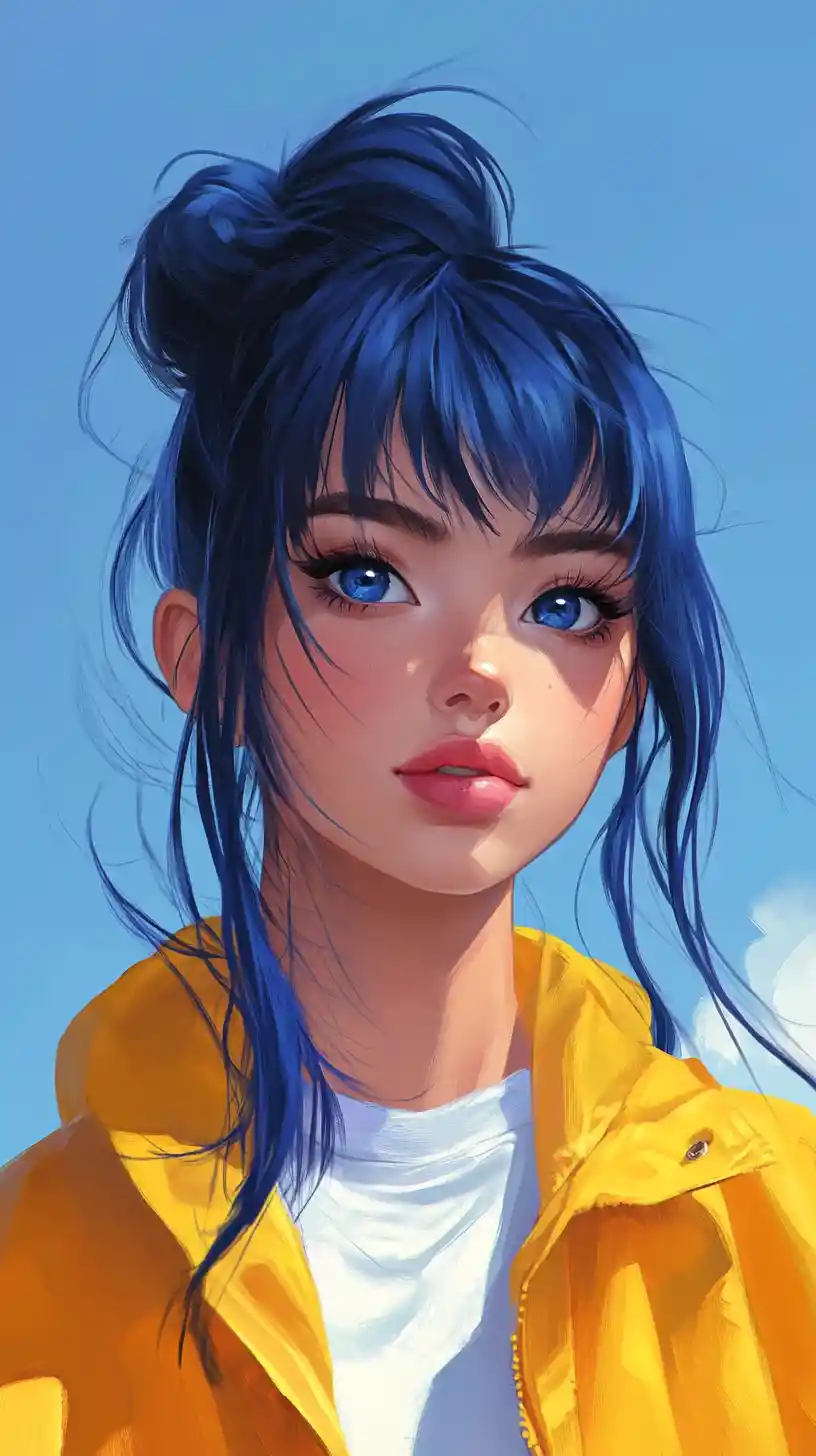 Giovane ragazza anime con giacca gialla sotto il cielo blu