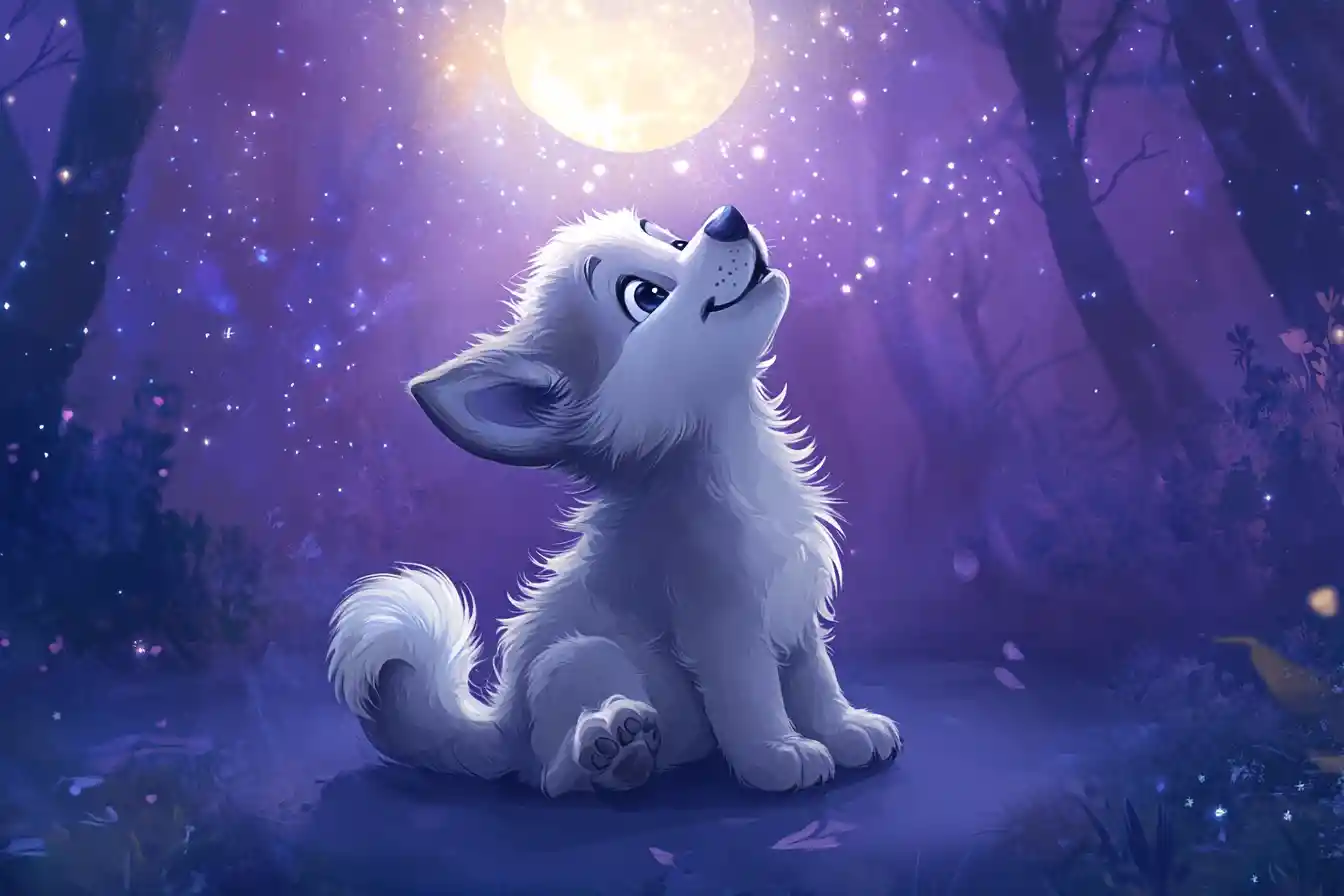 Filhote de lobo fofo uivando para uma lua de desenho animado brilhante