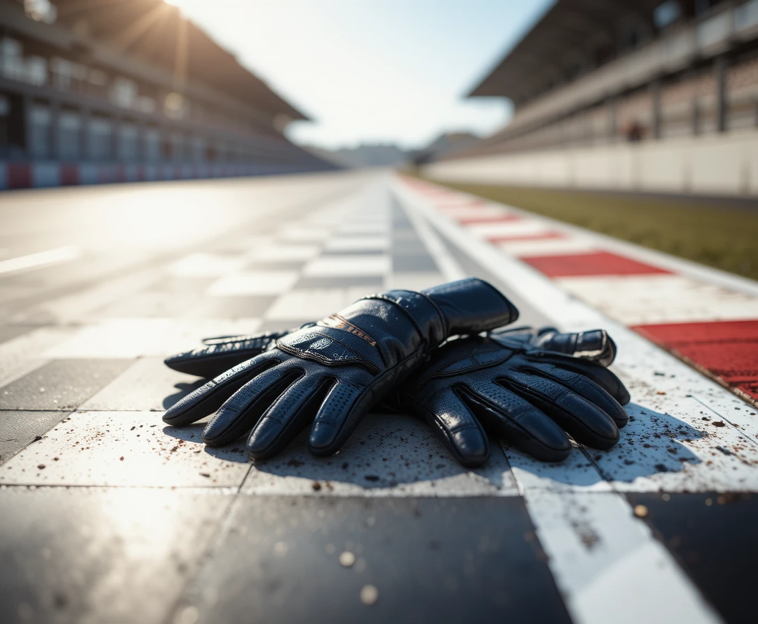 Schwarze Lederfahrerhandschuhe auf einer karierten Rennflagge