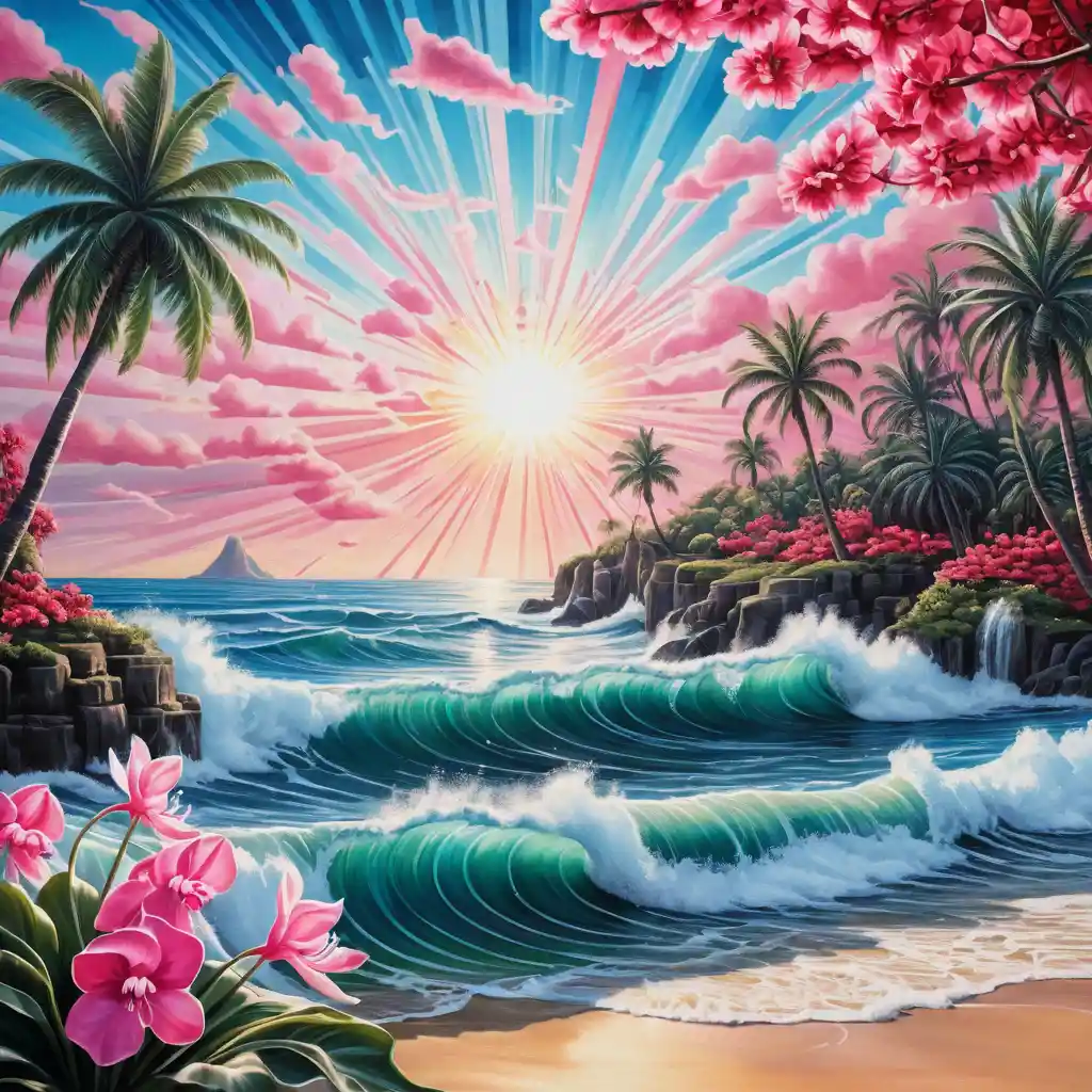 Paisagem onírica surreal de oceano vermelho e preto com sol e palmeiras