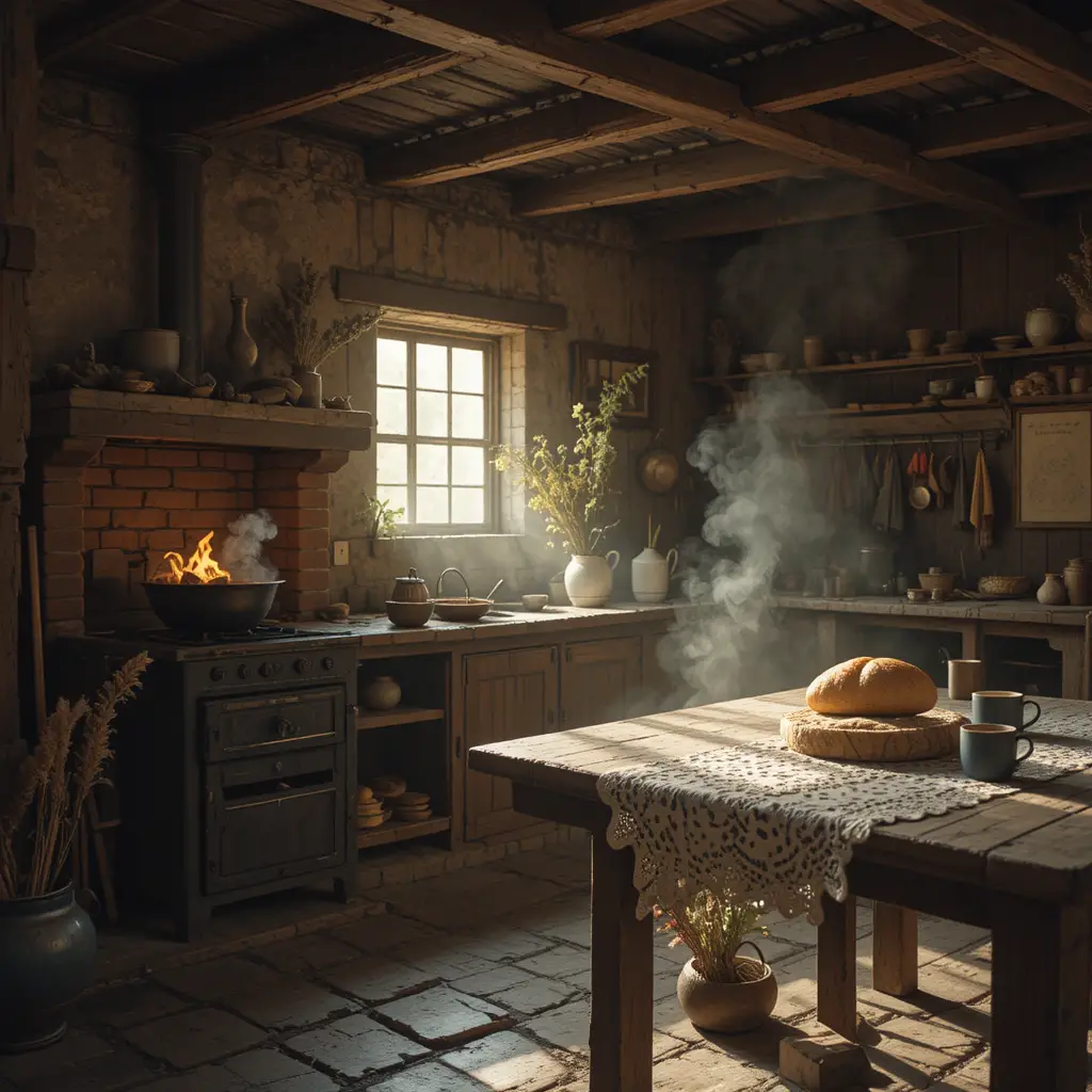 Cozinha rústica de fazenda brasileira com fogão a lenha e mesa