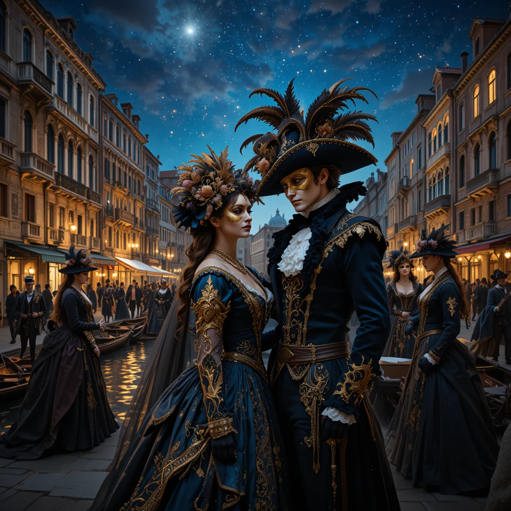 Venezianischer Maskenball an einem sternenklaren Kanalufer in der Nacht