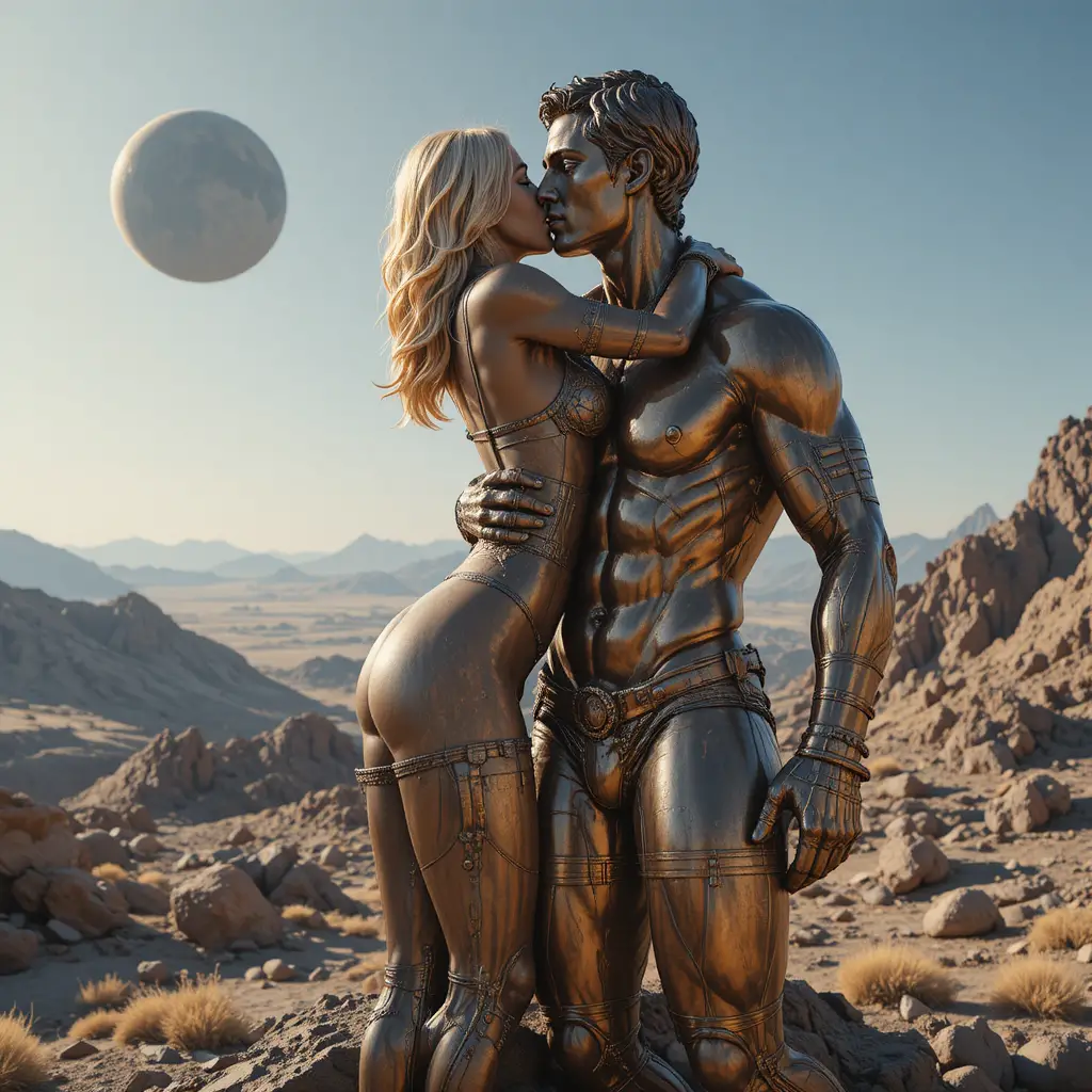 Bronzestatue einer Frau, die einen Mann auf einem Asteroiden küsst