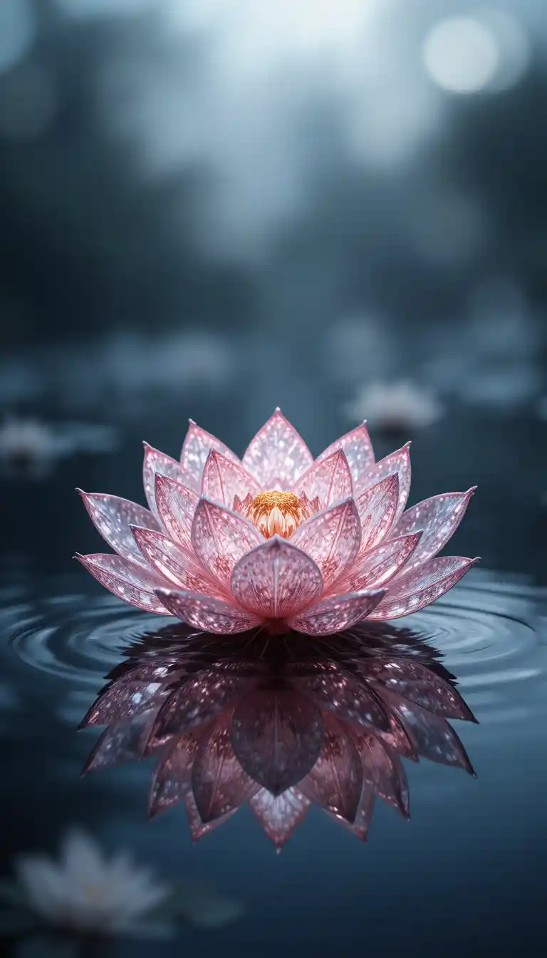 Lótus de diamante rosa flutuando em água escura e reflexiva