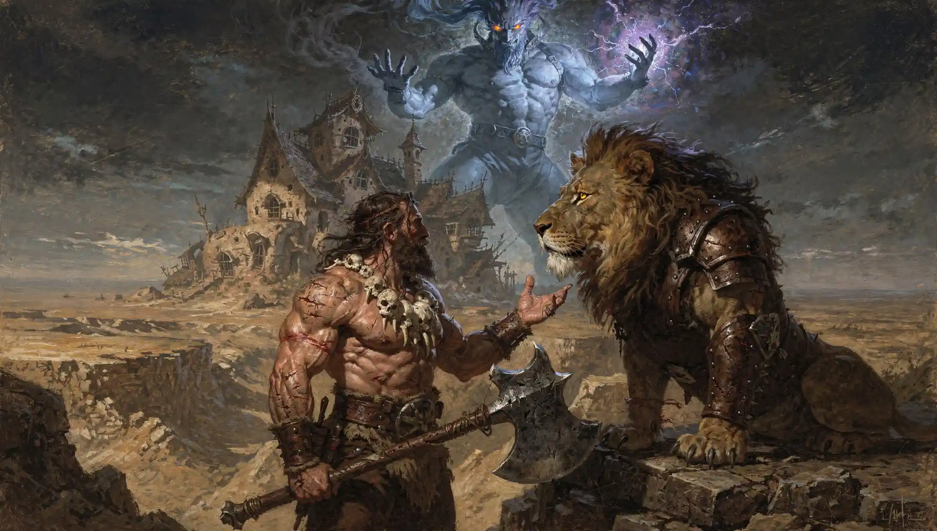 Barbarian And Armored Lion Overlooking A Barren Desert