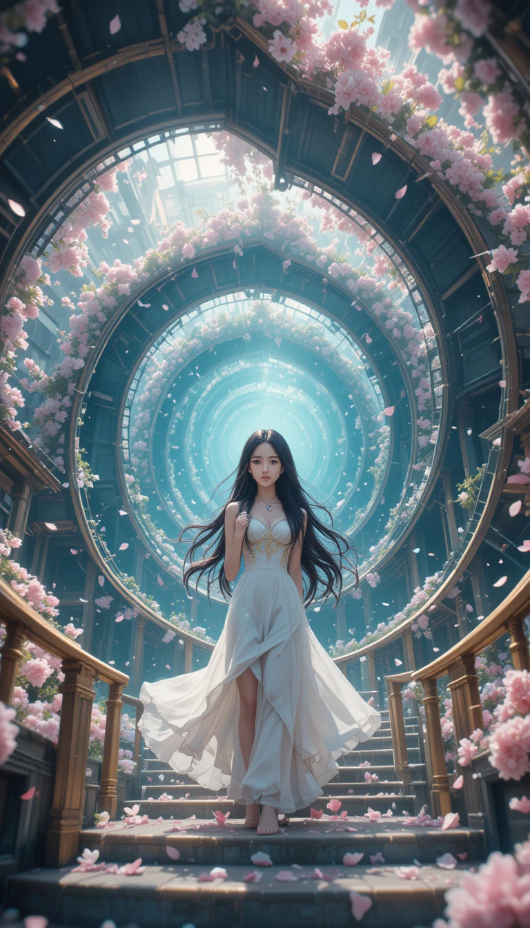 Garota de anime em escadaria em espiral infinita com pétalas flutuando