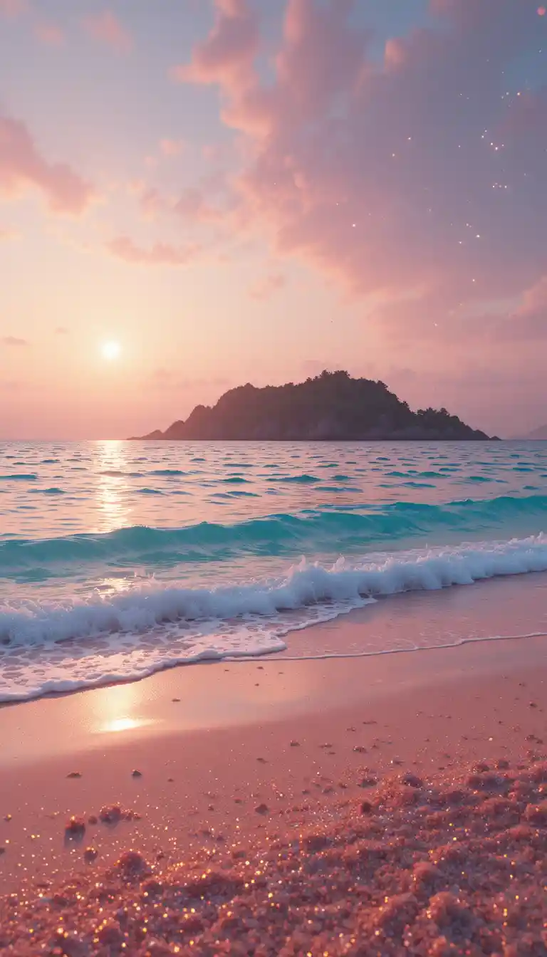 Lever de soleil de rêve sur le rivage d’une plage de sable rose scintillant