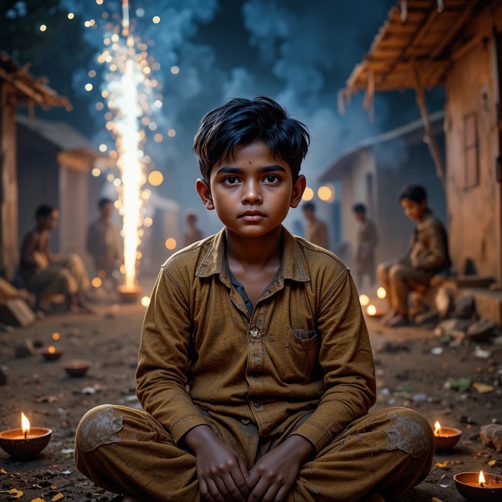 Sad village boy sitting alone on Diwali night