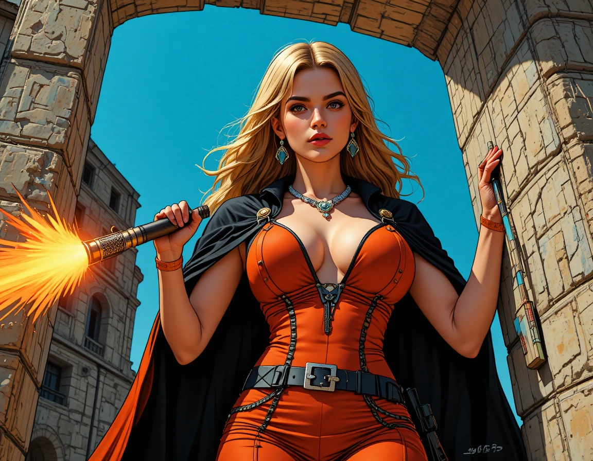 Jeune femme blonde en veste orange avec un maquillage audacieux