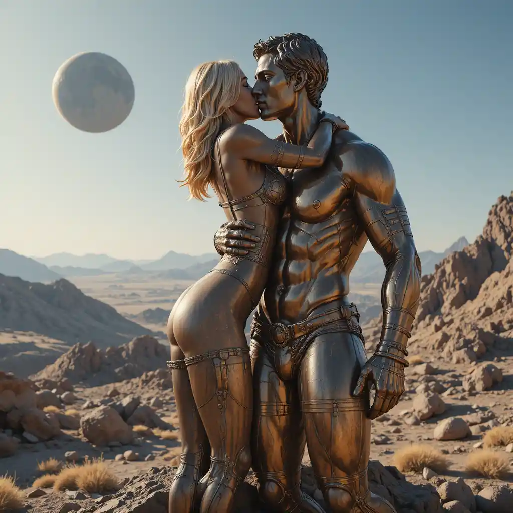 Bronzestatue einer Frau, die einen Mann auf einem Asteroiden küsst