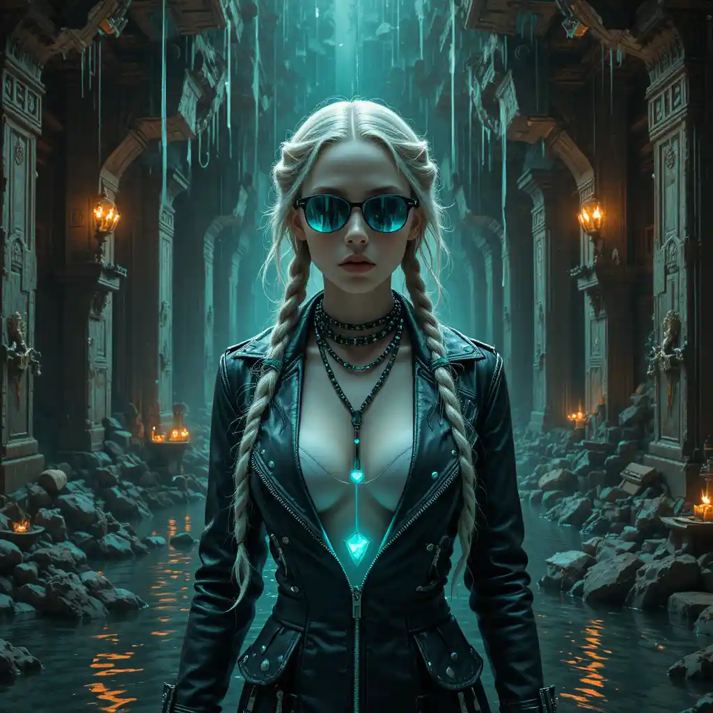 Eroina pirata cyberpunk in un caveau sotterraneo allagato pieno di tesori