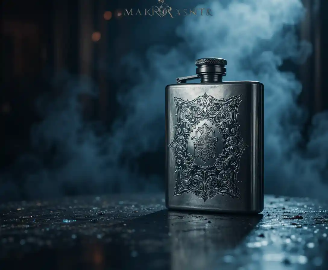 深色煙霧酒吧背景中的銀色隨身酒壺