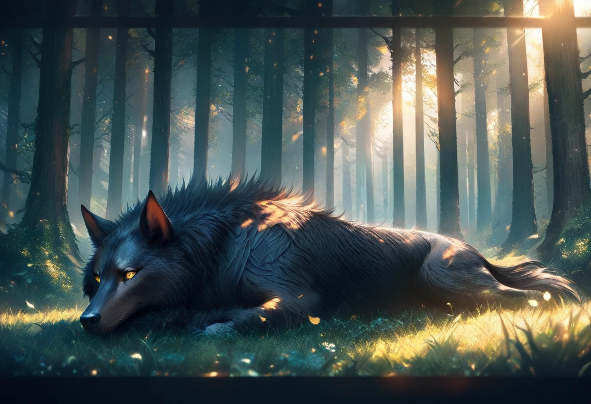 Visão cinematográfica de um lobo negro caído em uma floresta gigante