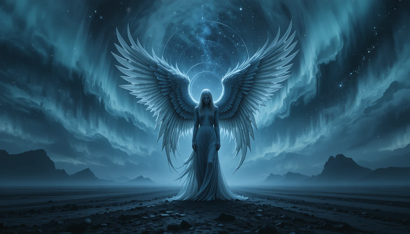 Anjo solitário em planície de obsidiana sob auroras em espiral