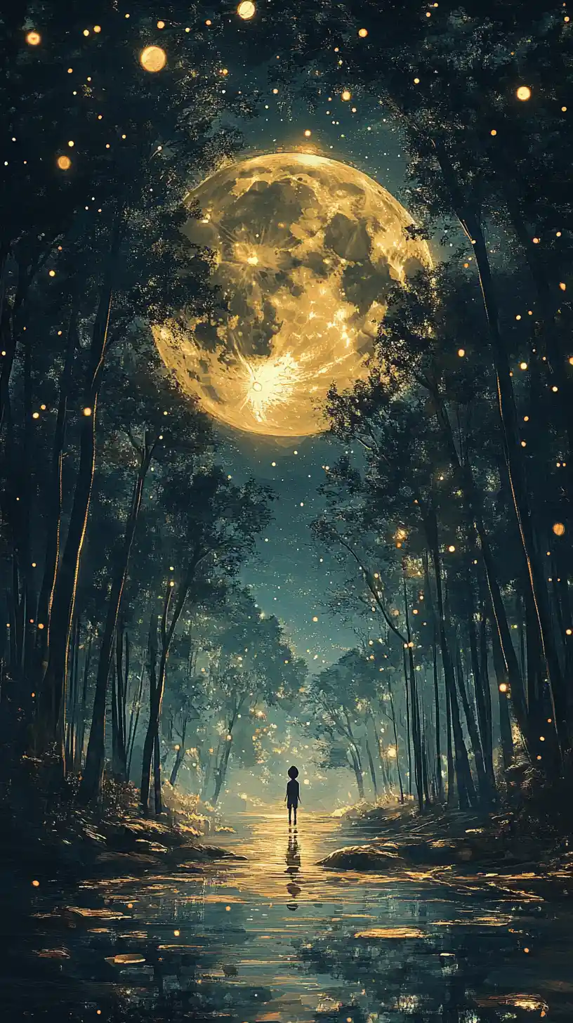 Figura solitaria in una foresta allagata sotto la luna splendente