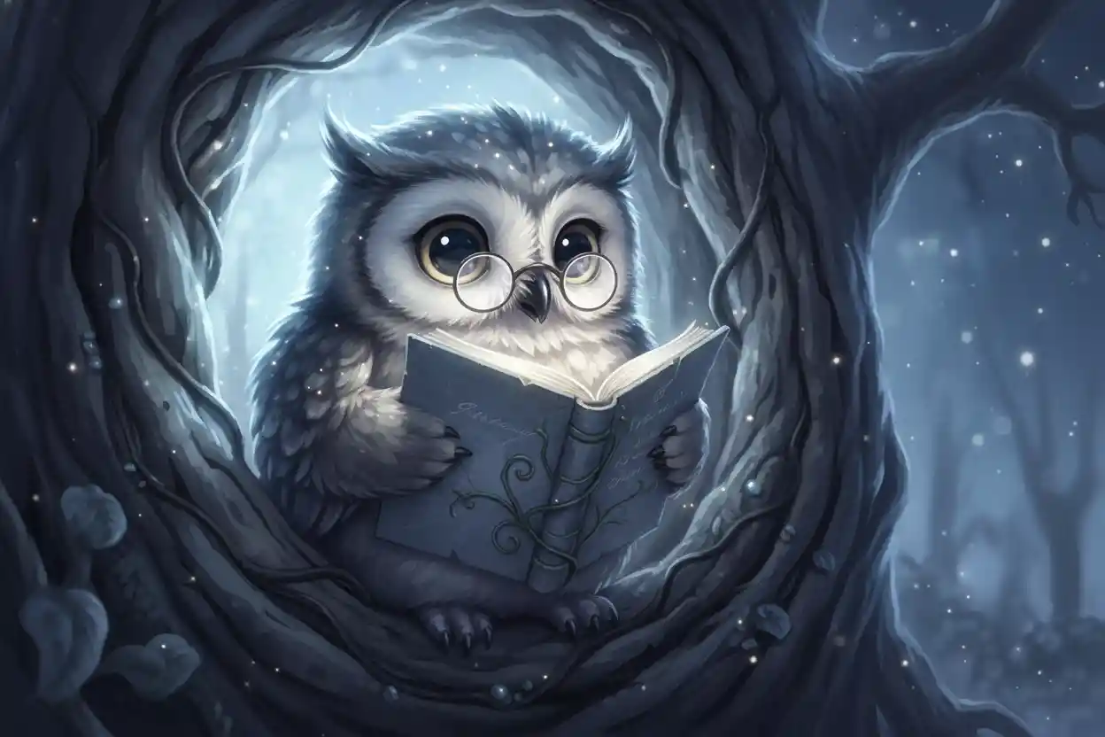Bébé Chouette Lisant un Livre de Feuilles sous une Douce Lueur de Lune