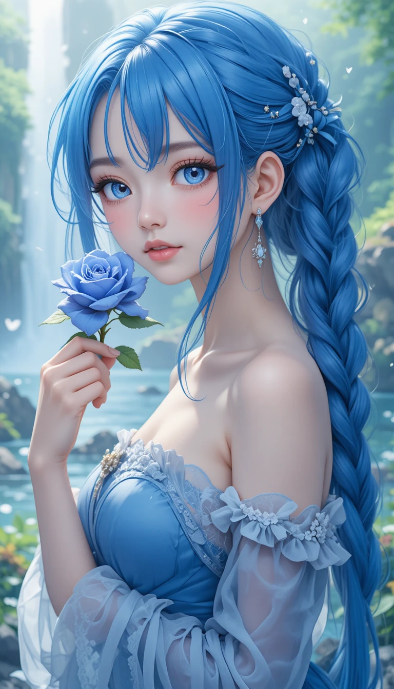 Fille d’animé en robe bleue tenant une rose près d’une chute d’eau