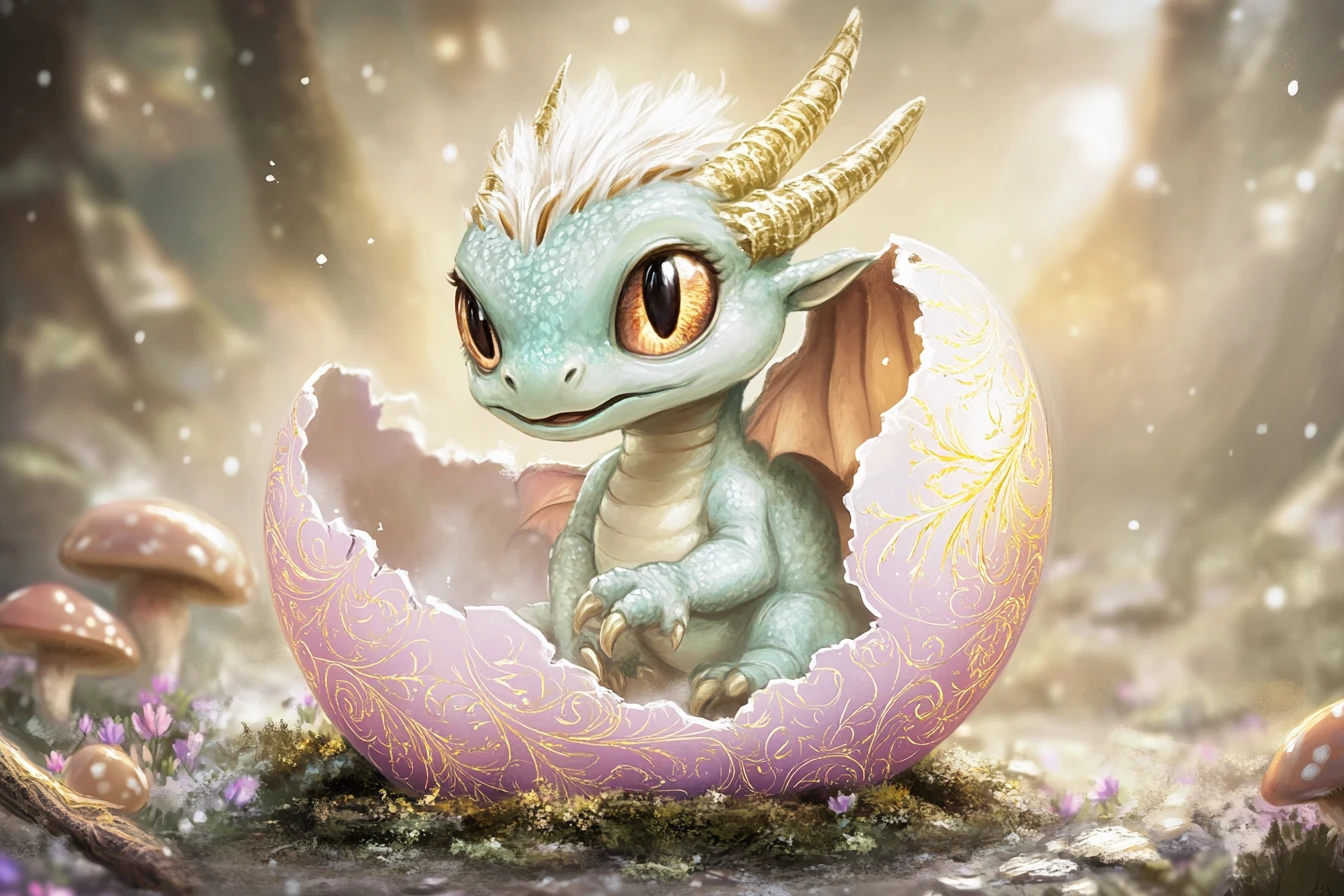 Babydrache schlüpft aus irisierendem Ei in einer Waldlichtung