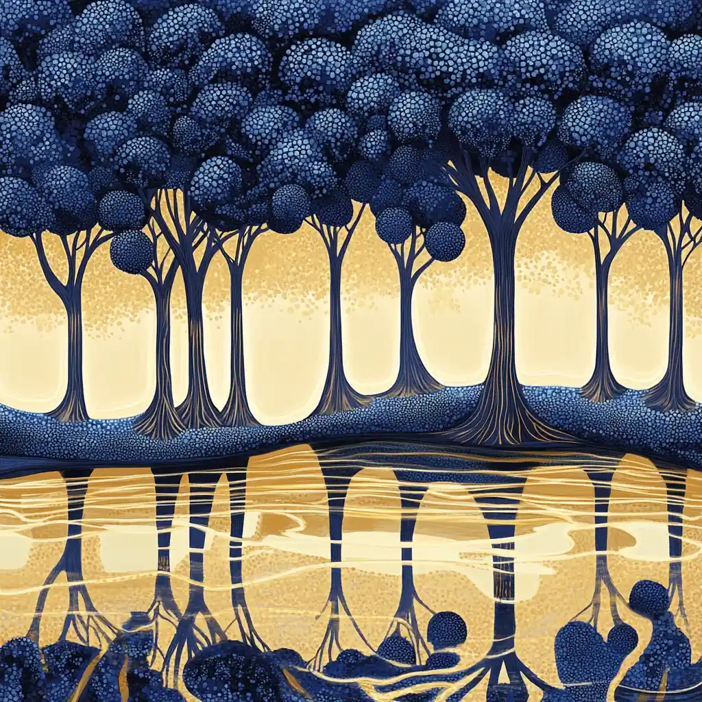 Peinture numérique minimaliste d’arbres au-dessus d’un lac doré