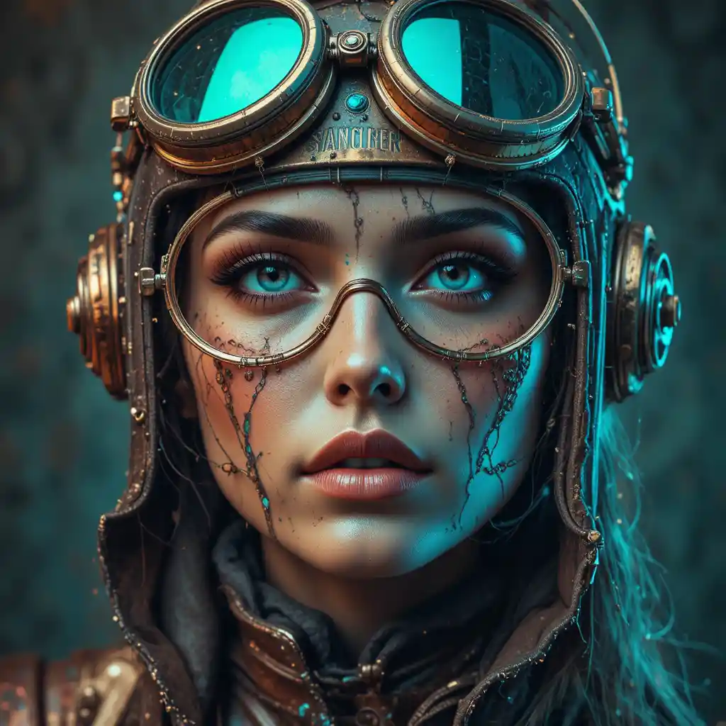 Retrato de aviador steampunk com glitch surreal de dupla cor