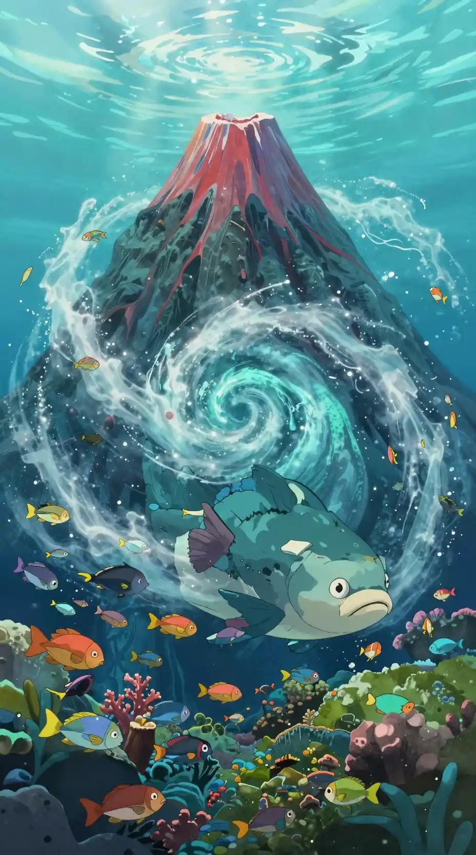 Poisson géant portant un volcan dans un monde sous-marin tourbillonnant