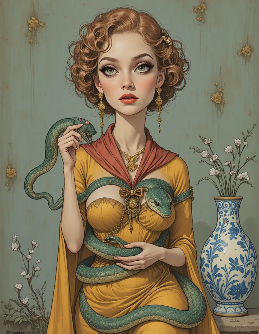 Dibujo vintage de una mujer con serpientes y joyas doradas