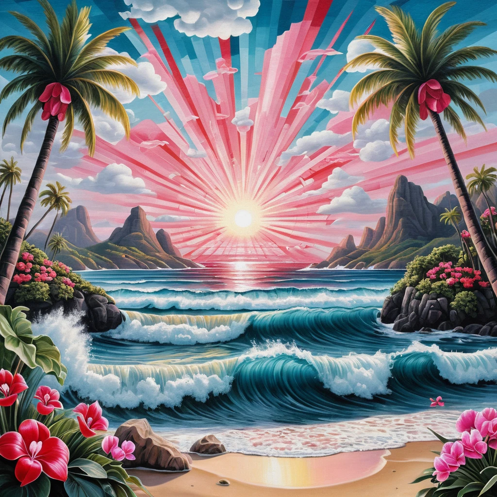 Paisagem Marinha Surreal com Palmeiras em Vermelho e Preto Brilhante