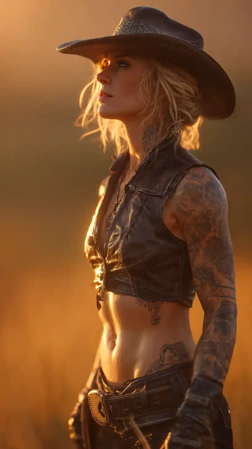 Retrato de uma cowgirl forte na luz quente do pôr do sol na pradaria