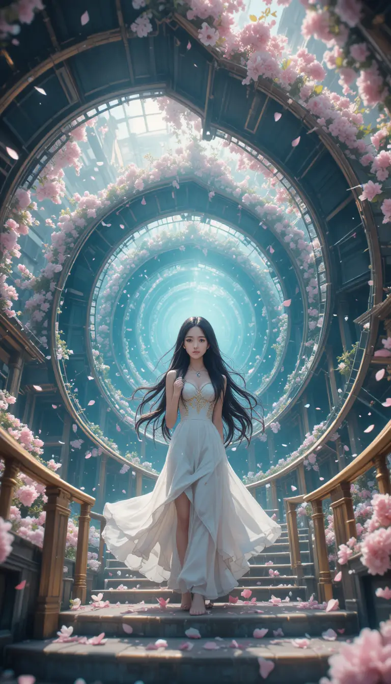 Garota de anime em escadaria em espiral infinita com pétalas flutuando
