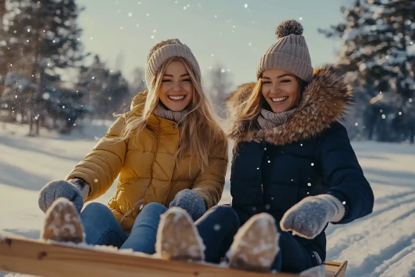 Two women riding a wooden sled in soft winter sunlight