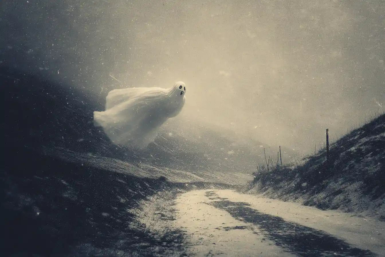 Fantasma divertido voando sobre uma paisagem de inverno nevada