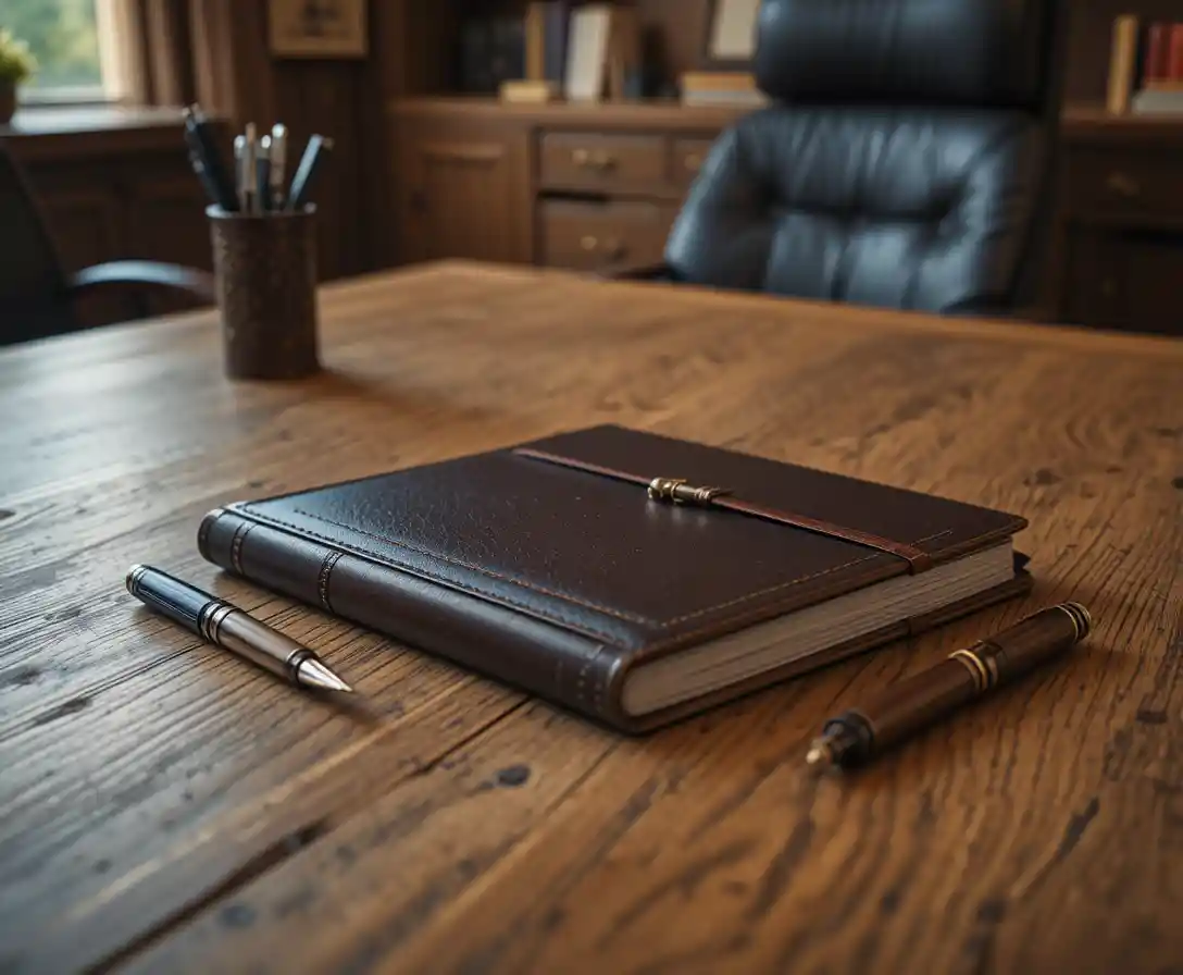 Organisierter Eichenschreibtisch mit Journal im Executive-Büro
