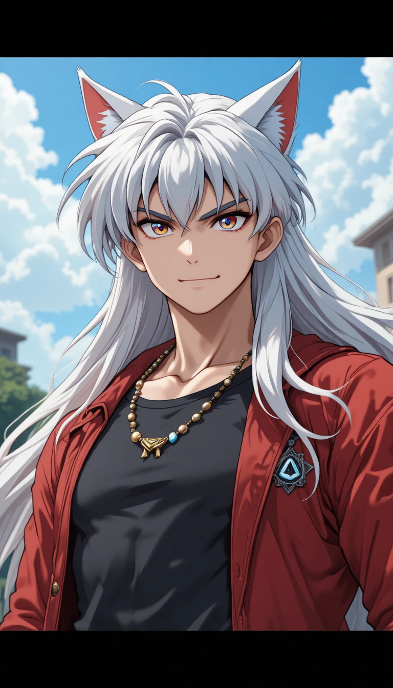 Homem de anime confiante com cabelo bicolor e orelhas de gato