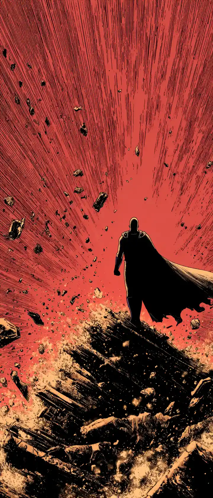 Kolossaler Held mit Umhang zerschmettert Berggipfel