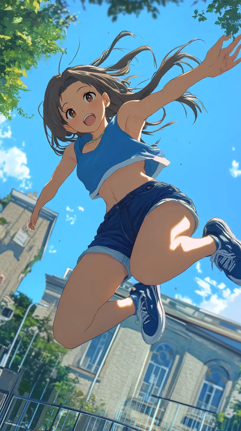Athletisches Anime-Mädchen springt hoch unter strahlend blauem Himmel