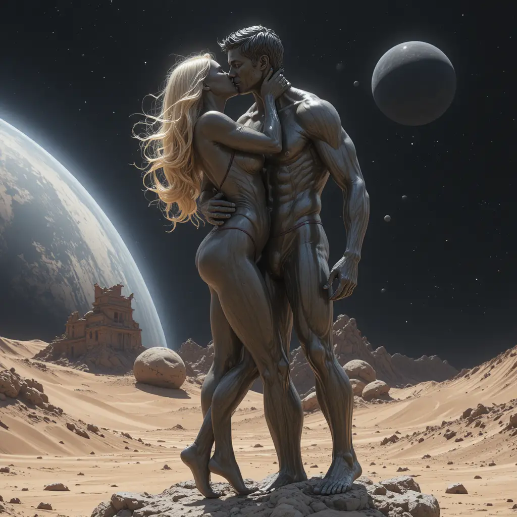 Bronzestatue eines blonden Mädchens, das einen Mann auf einem Asteroiden umarmt