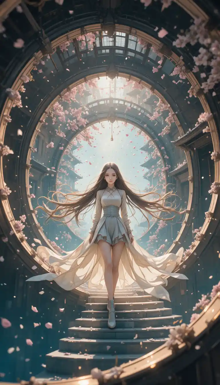 Garota de anime em uma escadaria em espiral infinita com pétalas de sakura