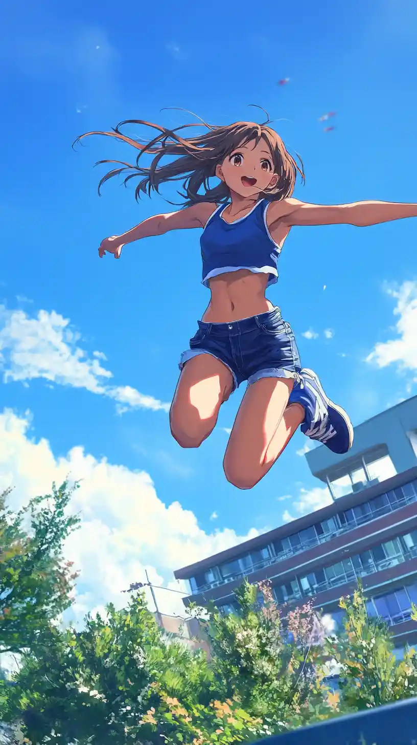 Sportliches Anime-Mädchen springt hoch auf sonnigem Schulhof