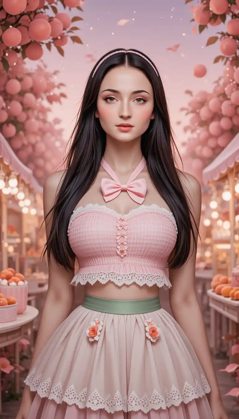 Peach themed anime girl in a dreamy festival village