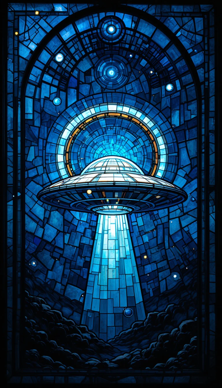 Futuristic stained glass ufo with colorful halo at night