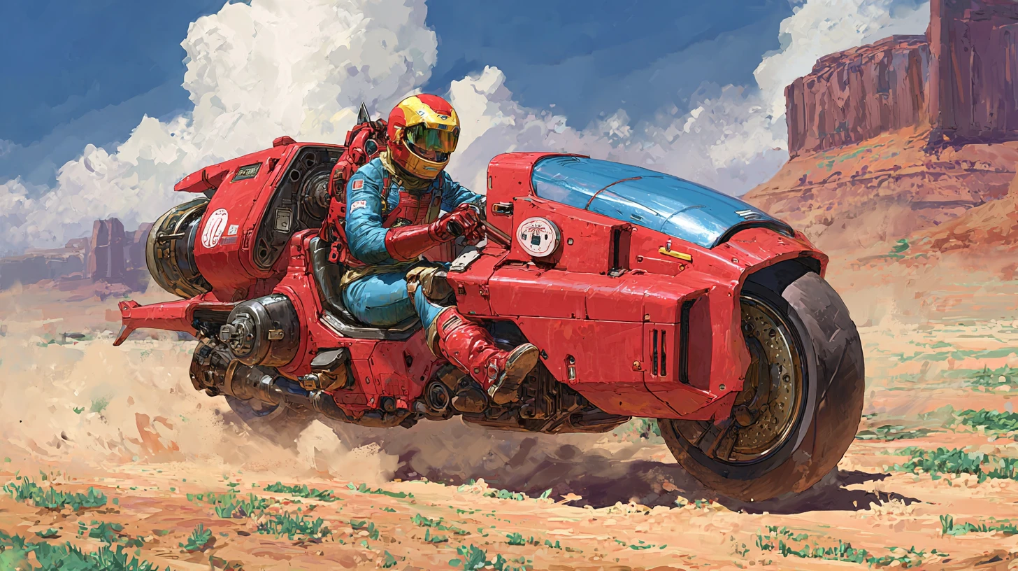Hyper speeder futuriste filant à travers un désert poussiéreux