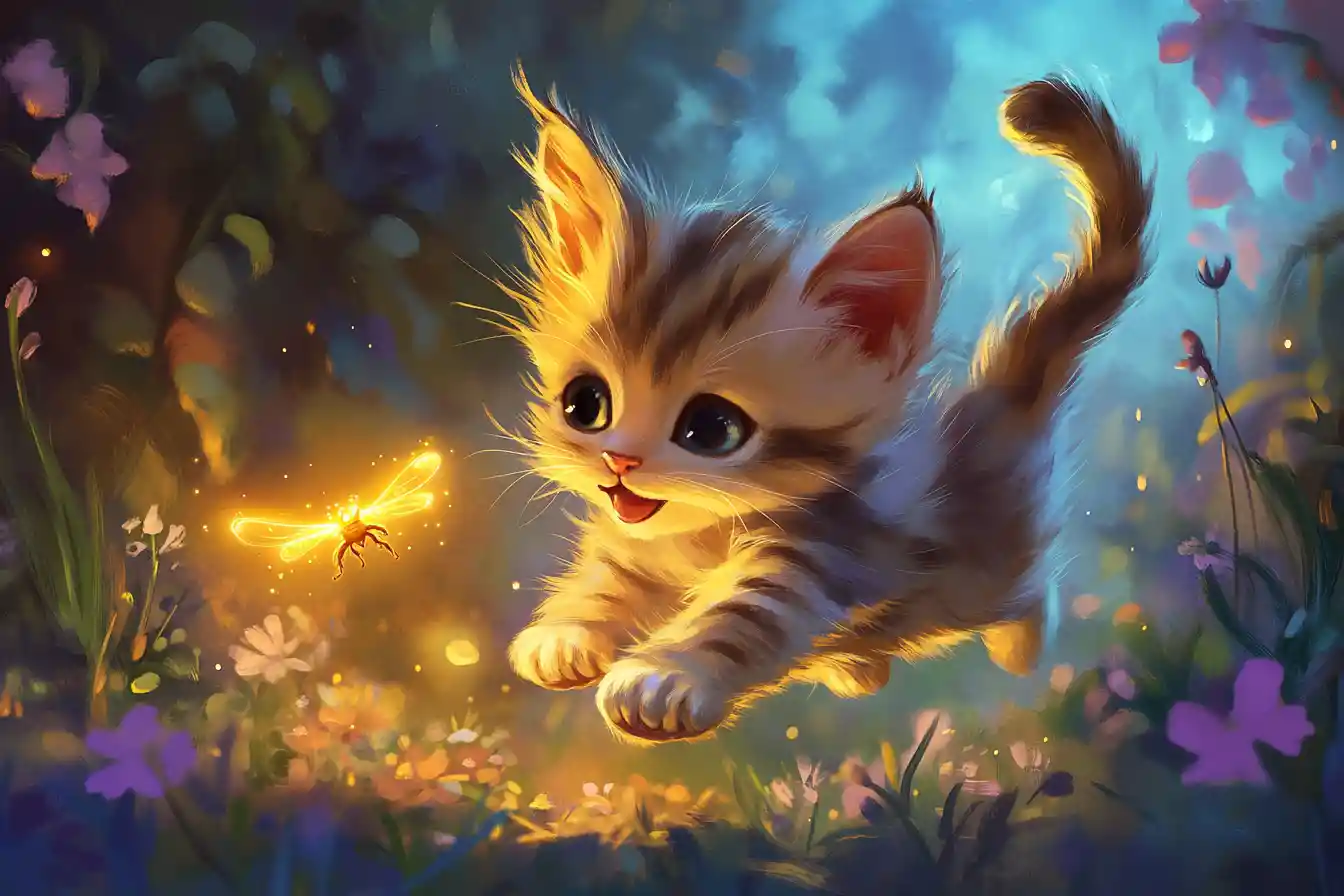 Playful kitten leaping after a glowing firefly at dusk