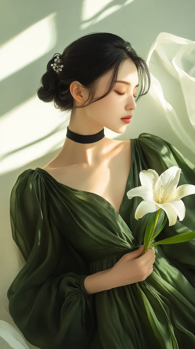 Femme élégante en robe verte avec lys blanc et lignes douces