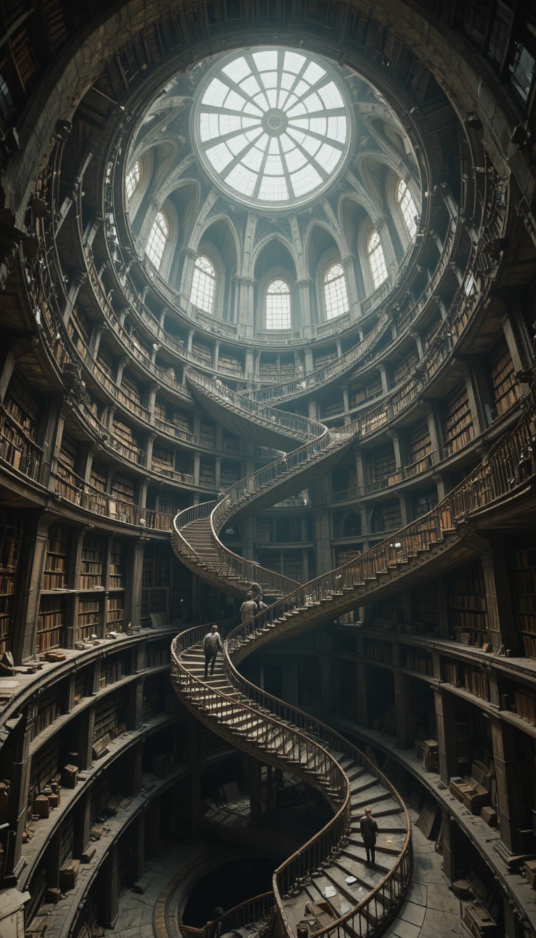 Grande biblioteca surreal com escadarias em espiral infinitas
