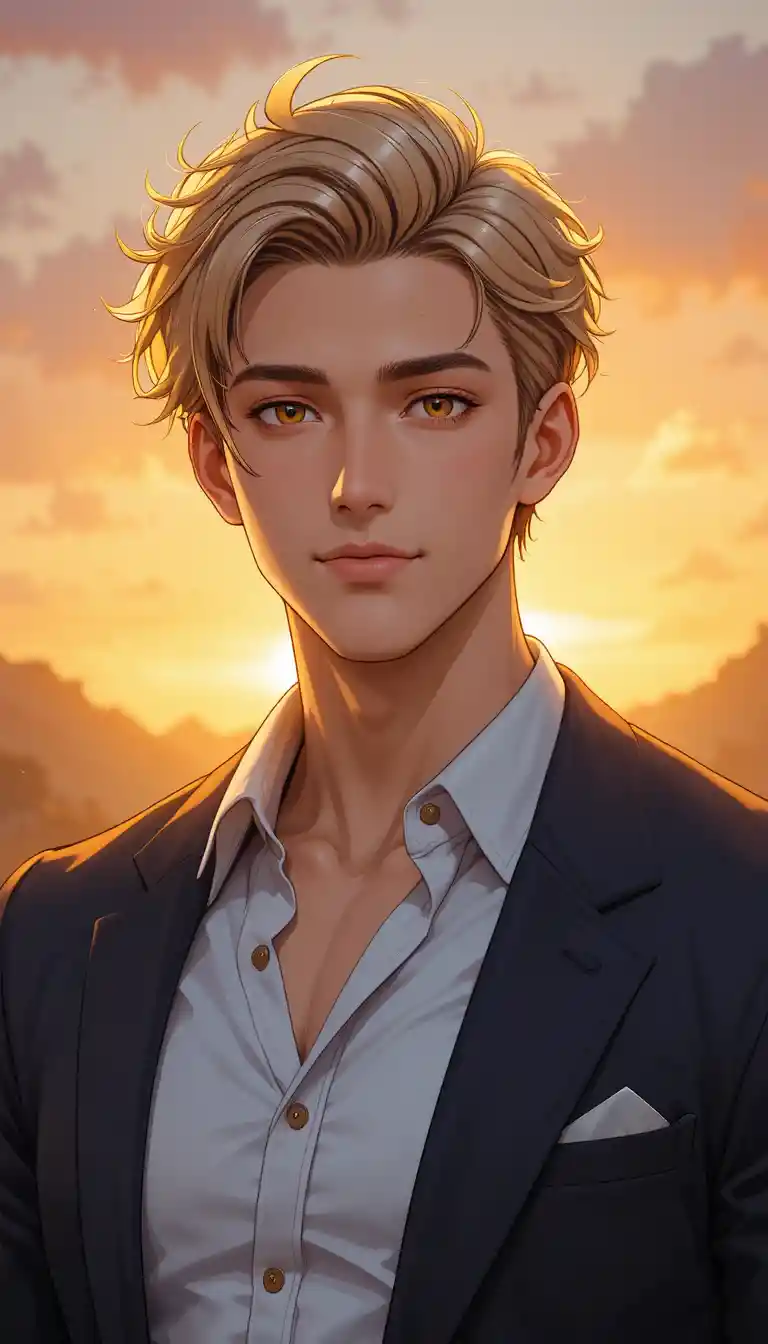 Homem de olhos dourados brincalhão em retrato anime ao nascer do sol