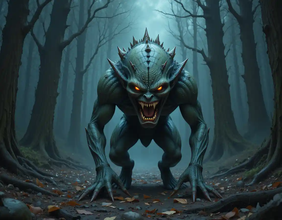 Monstro humanóide rastejante em uma floresta escura e enevoada