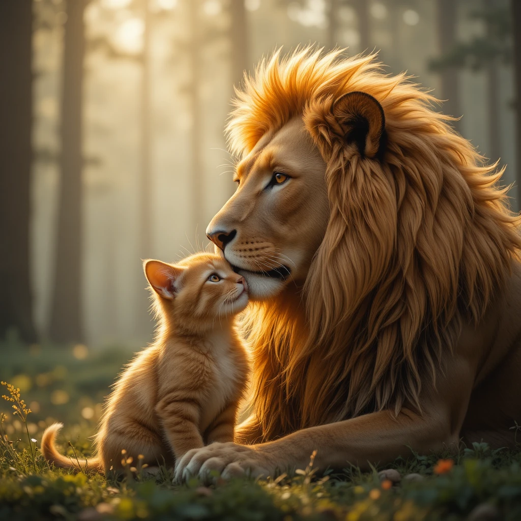 Leão e gatinho compartilhando um momento carinhoso em uma floresta banhada pelo sol