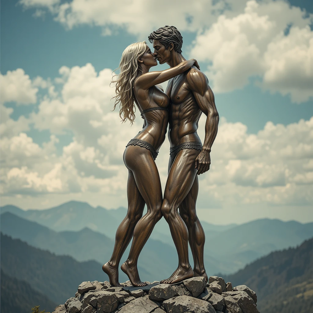 Estátua de bronze de uma mulher abraçando um homem em uma montanha
